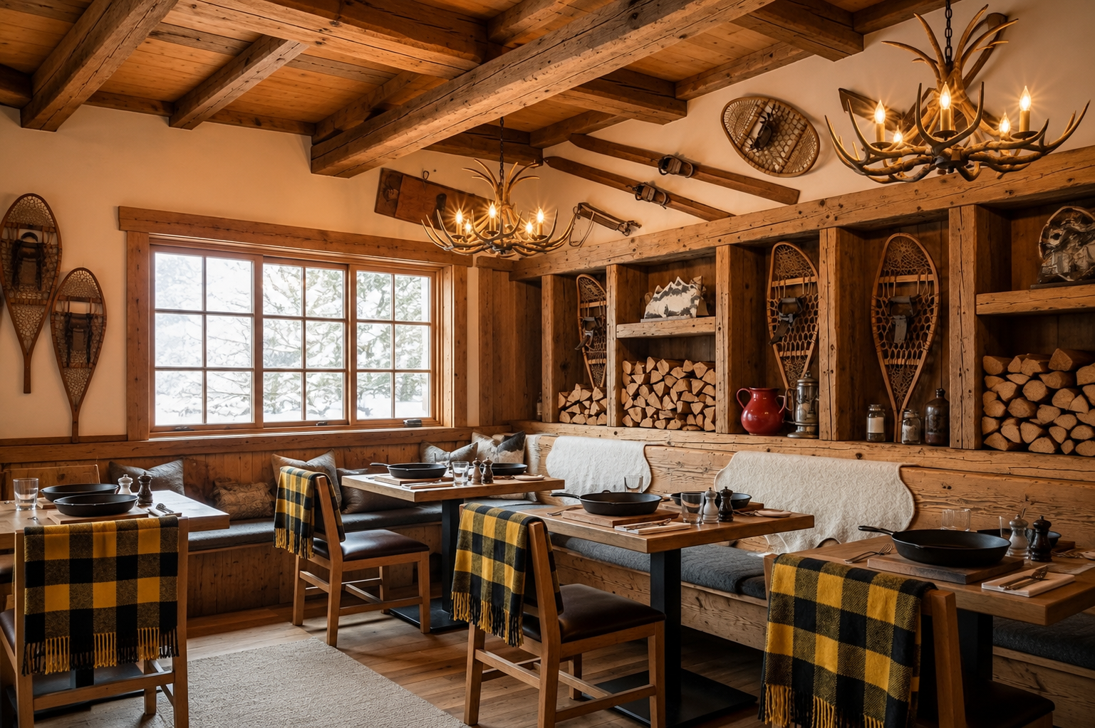 Rustic dining room with wooden beams, snow outside the window, and cozy indoor decor including vintage snowshoes on the wall, antler chandeliers, and wood-sided shelves filled with firewood and decorative items.