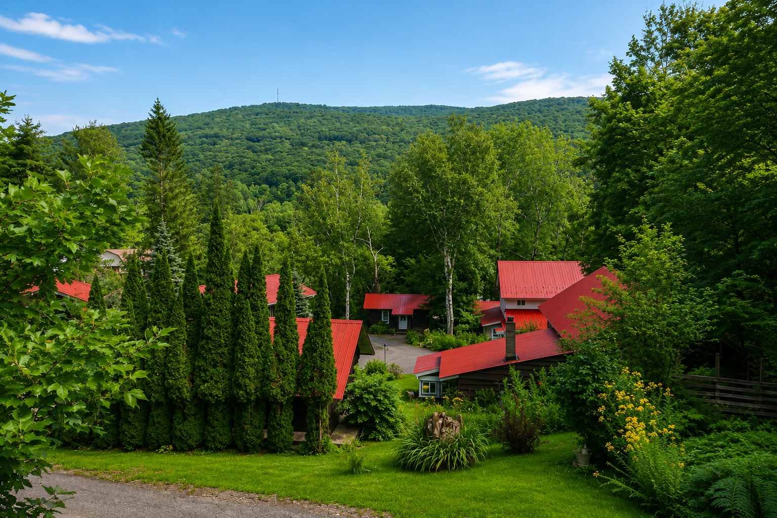 A picturesque view of a residential area with houses featuring red roofs, surrounded by lush green trees and plants, with a mountain in the background and a clear blue sky