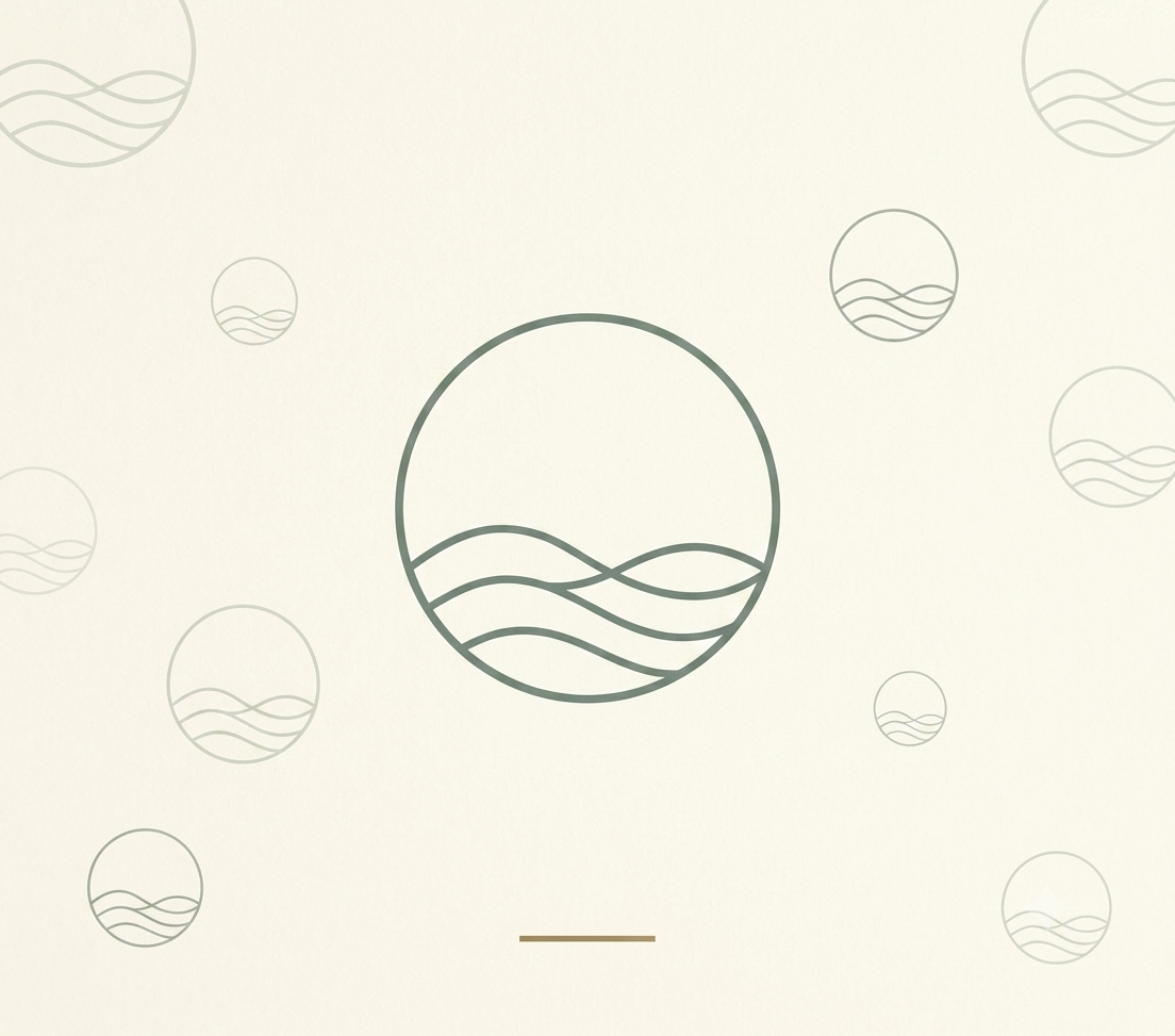 Minimalist logo of a circle with wavy lines inside, resembling water waves, repetitive pattern in the background.