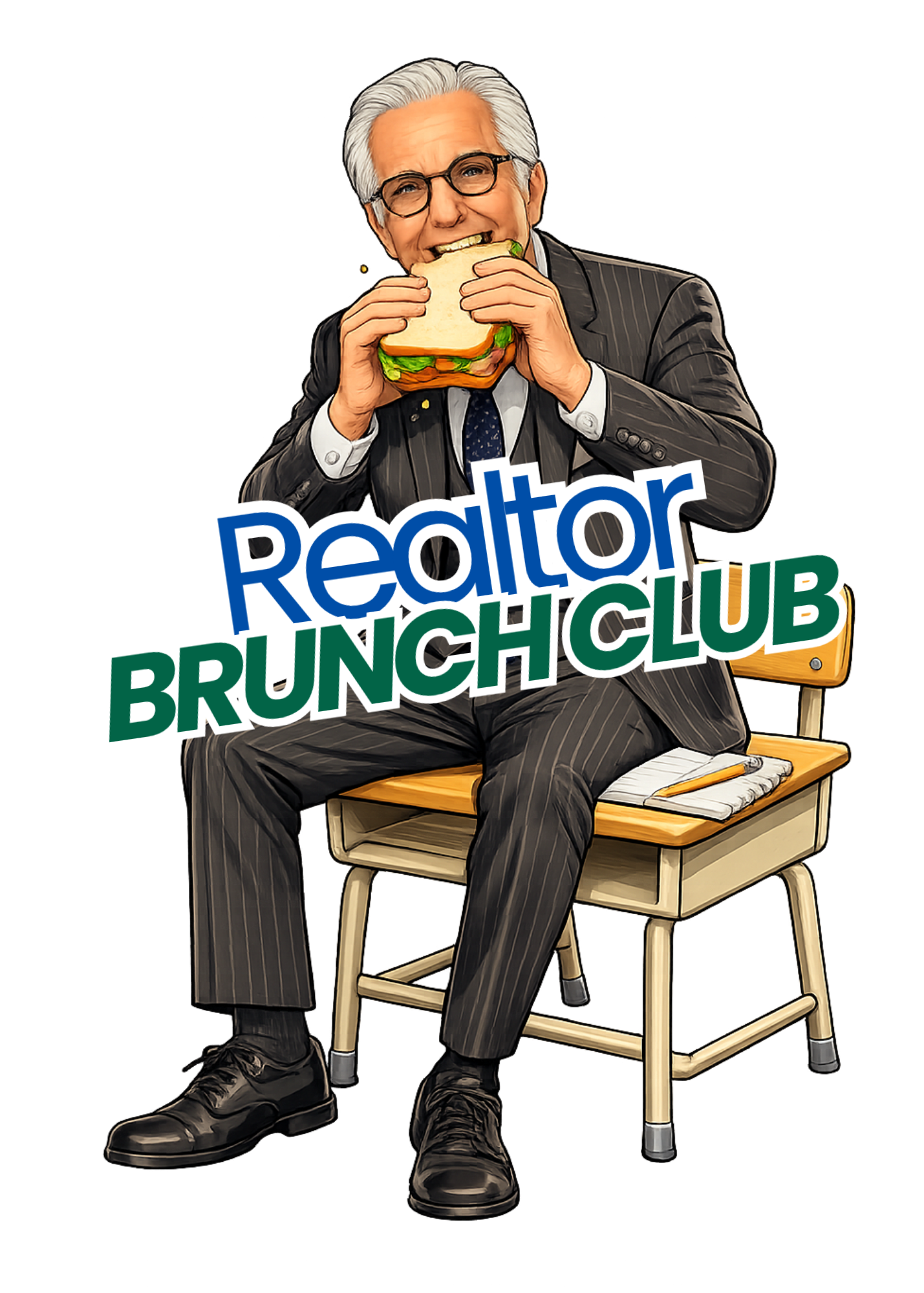 A man in a business suit sitting on a school desk, biting into a sandwich, with a notebook and a pencil on the desk, and a sign that reads 'Realtor BRUNCHCLUB' in front of him.