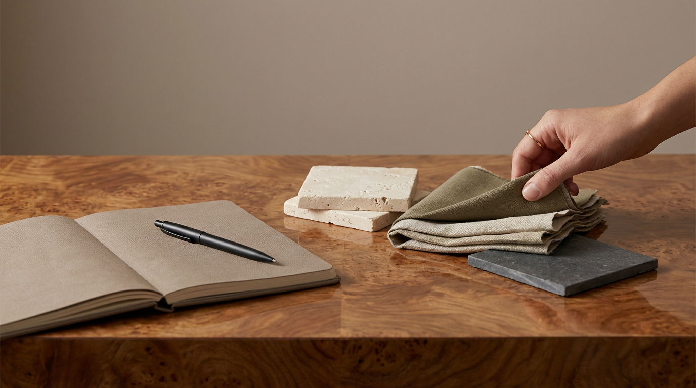 A person arranging fabric swatches on a wooden table with an open notebook and pen, along with sample tiles and stones.