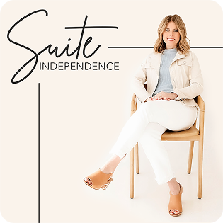 Professional woman in white outfit seated beside “Suite Independence” logo