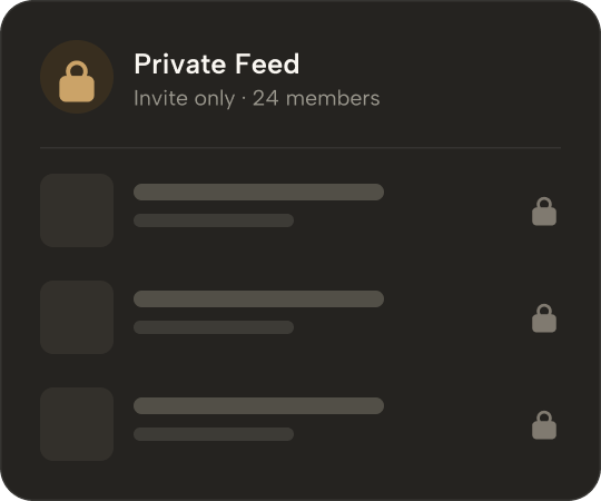 Dark-themed private feed interface showing an invite-only feed with 24 members, lock icon, and three locked content placeholders.