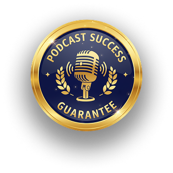 Round gold and navy podcast success guarantee badge with vintage microphone, laurel branches, and bold lettering