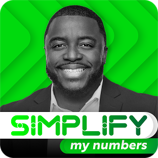 Smiling man in a suit over a bright green Simplyfy My Numbers graphic
