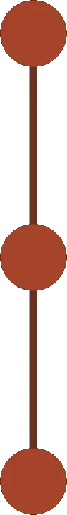 Vertical graphic with three large rust-red circles connected by a thin brown line against a black background.