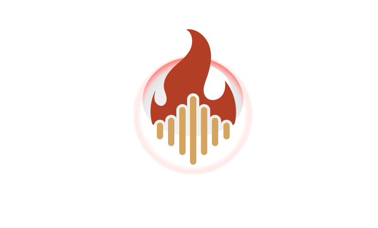 Stylized circular logo featuring a red flame and gold sound wave bars with abstract geometric accents