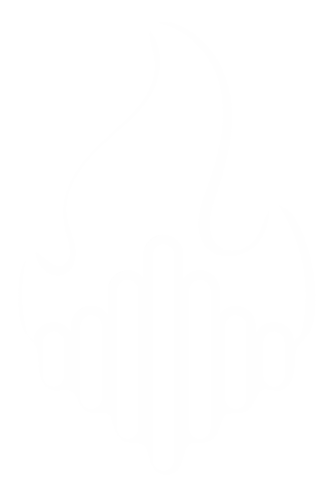 White stylized flame above vertical sound wave bars on a black background