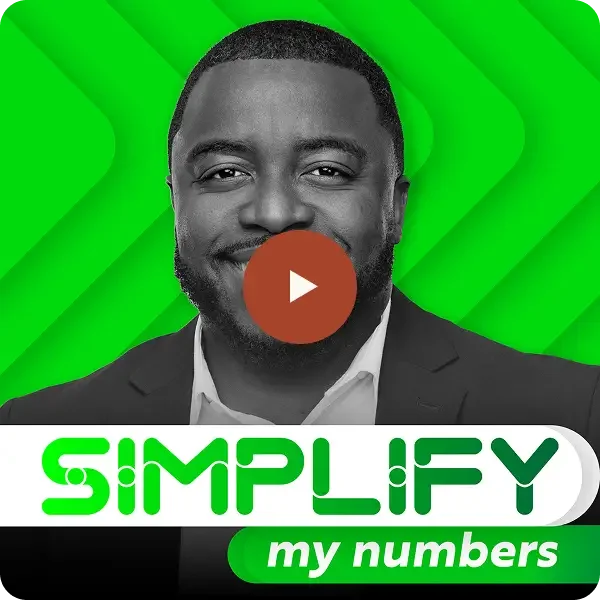 Black-and-white portrait of a smiling man in a suit with a play button overlay, bright green background, and “Simplify my numbers” text