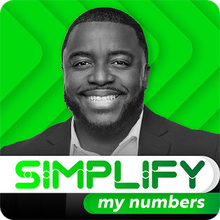 Smiling man in a suit above the Simply My Numbers logo on a bright green background