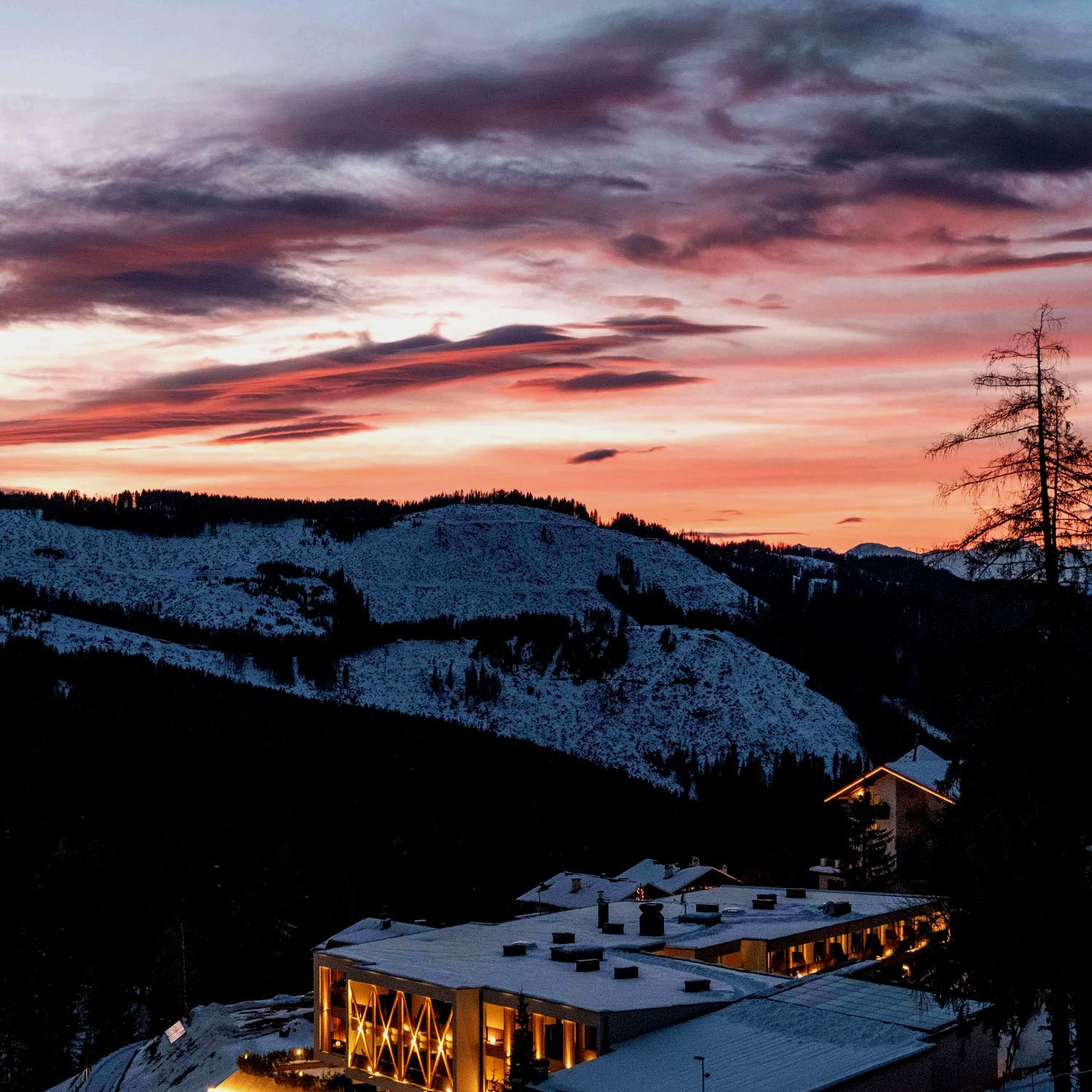 Sunset at a luxury ski resort in Austria