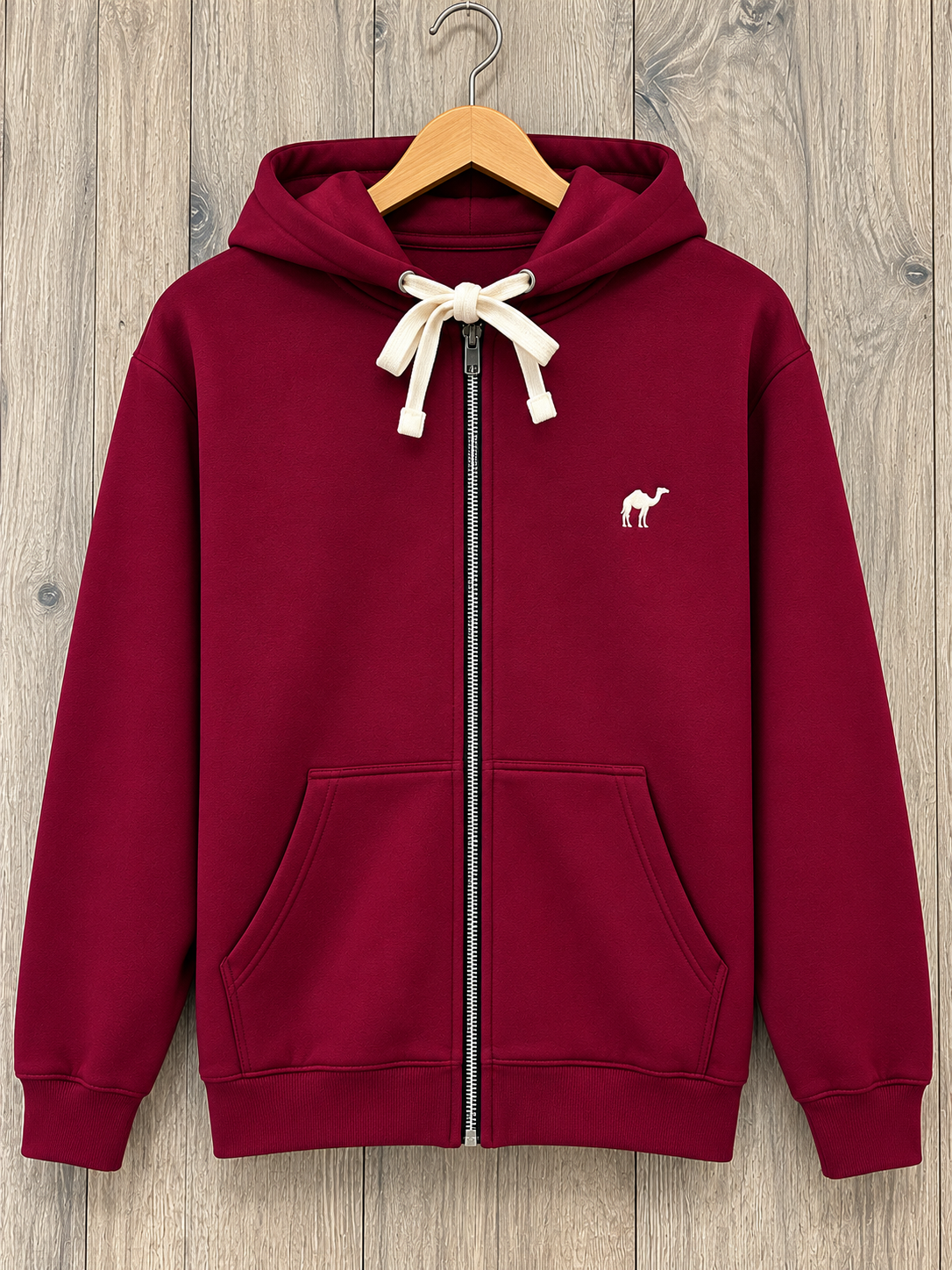 Burgundy Camel Embroidered Zip-Up Hoodie