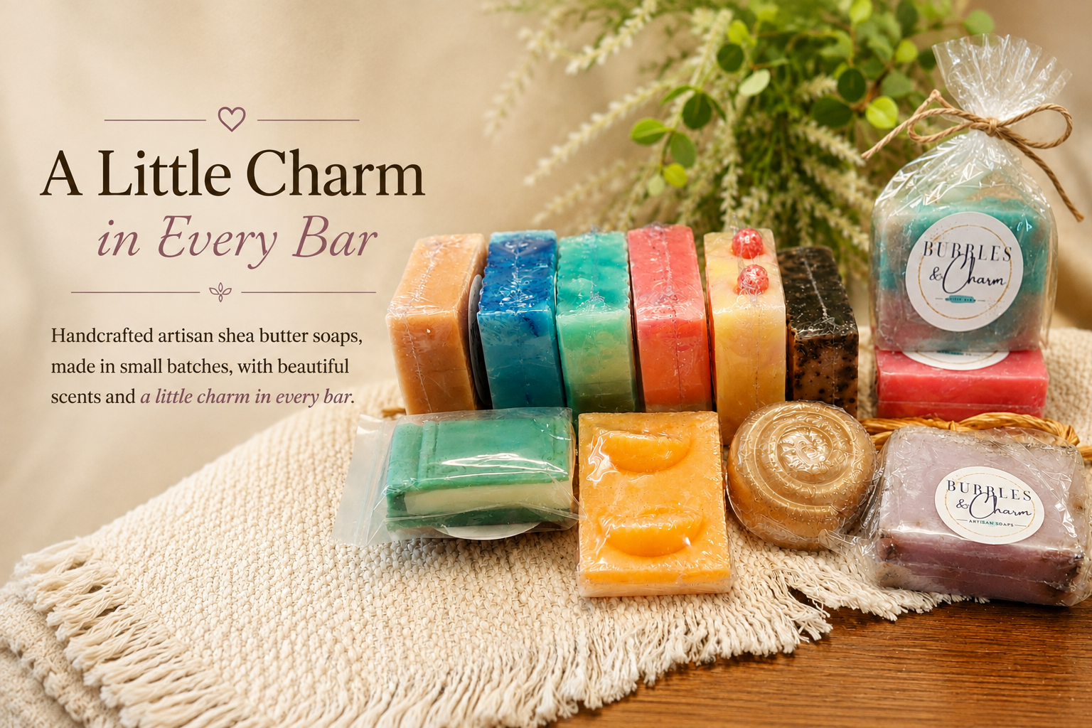 Bubbles & Charm Soaps handcrafted shea butter soap collection featuring colorful artisan bars and gift-ready soaps.