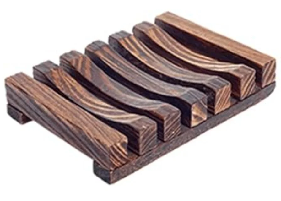 Wooden soap dish with an open slatted design to help handcrafted soap drain, dry, and last longer.