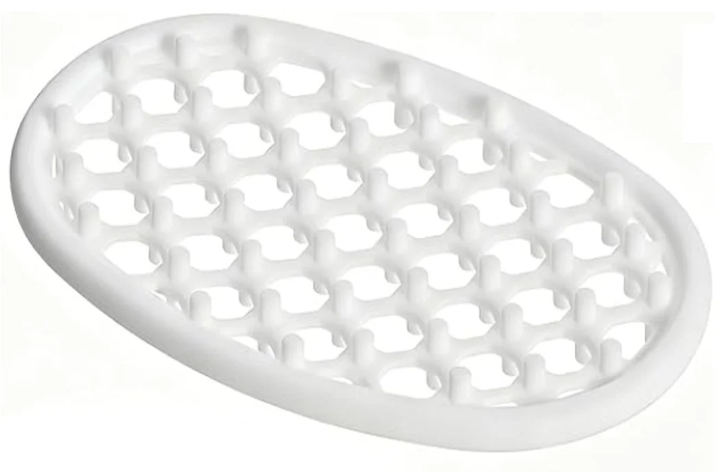 Soap dish with a raised drainage design to allow airflow and help handcrafted soap dry between uses.