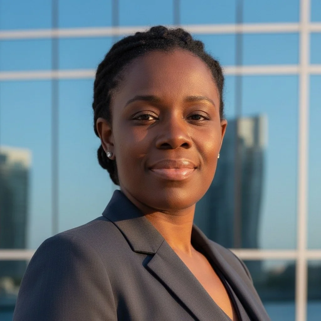 A professional woman in a blazer standing outdoors in front of a modern glass building.