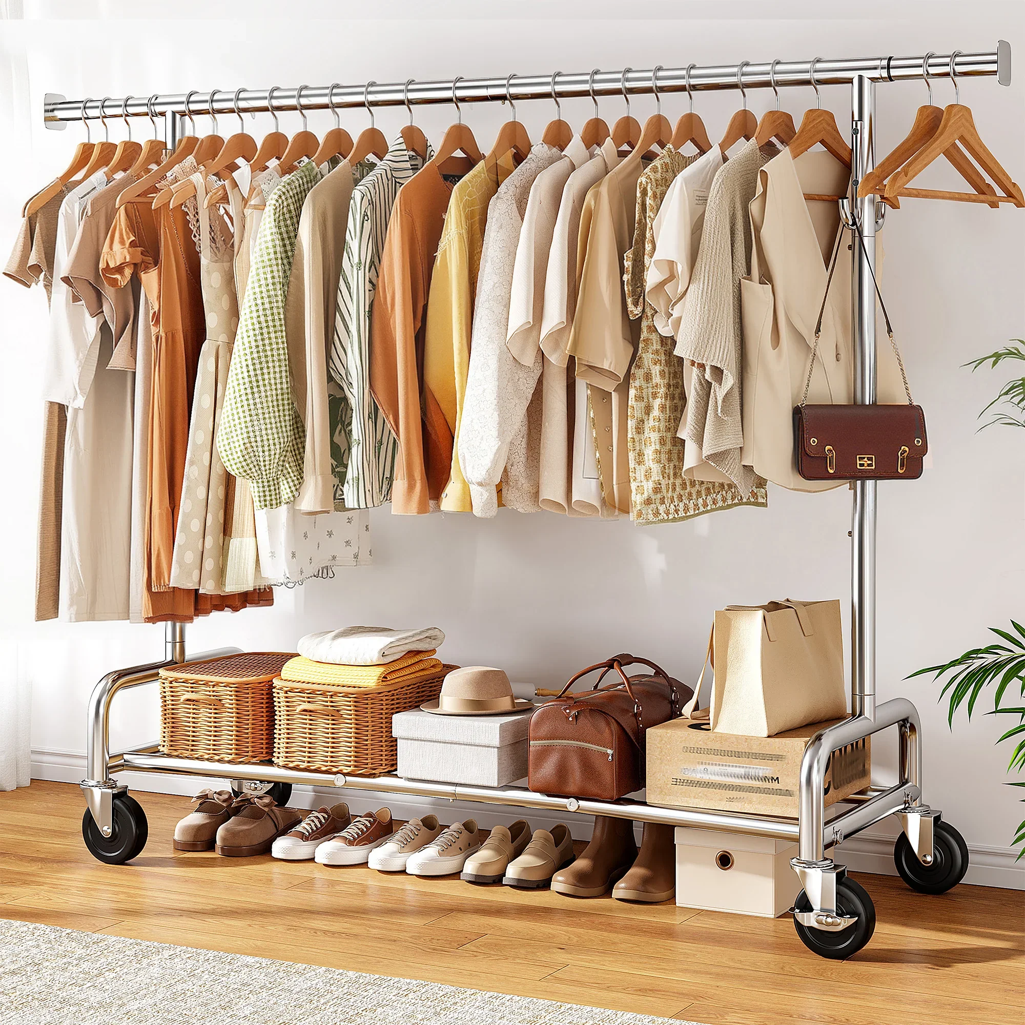 A clothing rack on wheels with various beige, white, and patterned shirts and dresses hanging on wooden hangers, low shelves with shoes, and handbags on a wooden floor.