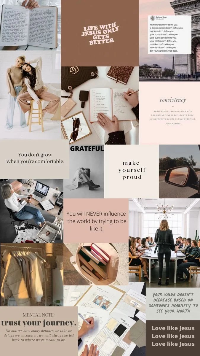 A collage of motivational quotes, fashion, books, and people reading or working, with elements like a Bible, notebooks, and a meeting room.