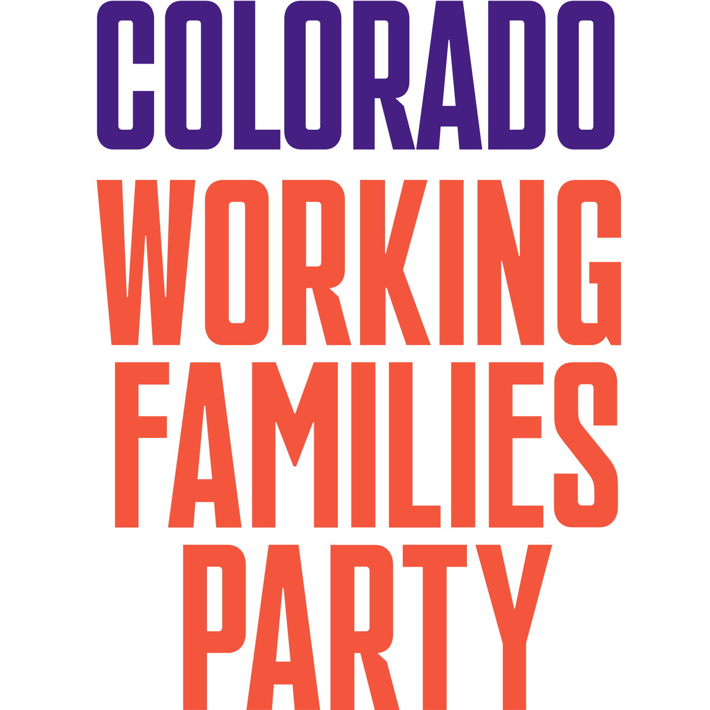 Text graphic with the words "Colorado Woking Family Party" in large bold letters, with "Colorado" in purple at the top, and "Woking Family Party" in orange below.