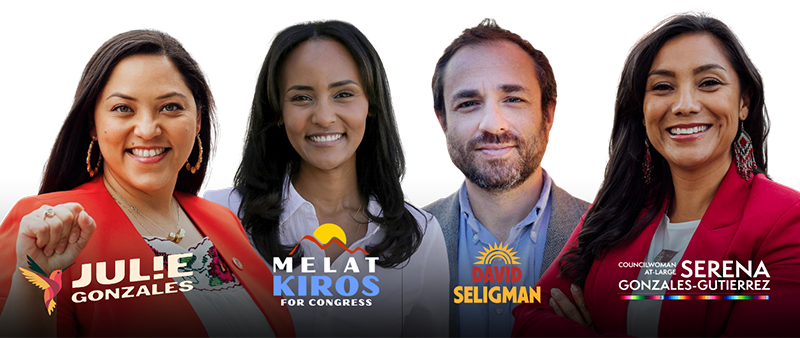 A graphic of Julie Gonzalez, Melat Kiros, David Seligman, and Serena Gonzales-Gutierrez with their respective logos.
