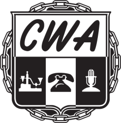 CWA logo with chain border, featuring four symbols: a lighthouse, a telephone, a bell, and a goblet.