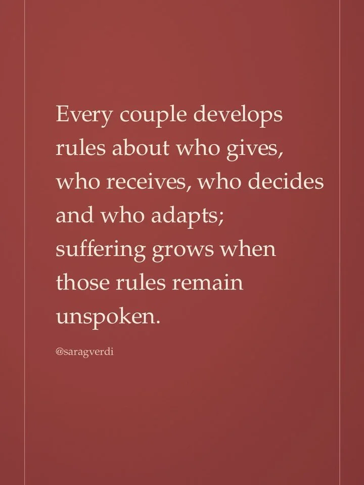 Unspoken rules in relationships cause a lot of suffering. Assumptions lead to beliefs, leading to feelings about your partner, then leading to either behaviours of attack or withdrawal. 

One of the greatest forms of intimacy is the ability to speak 