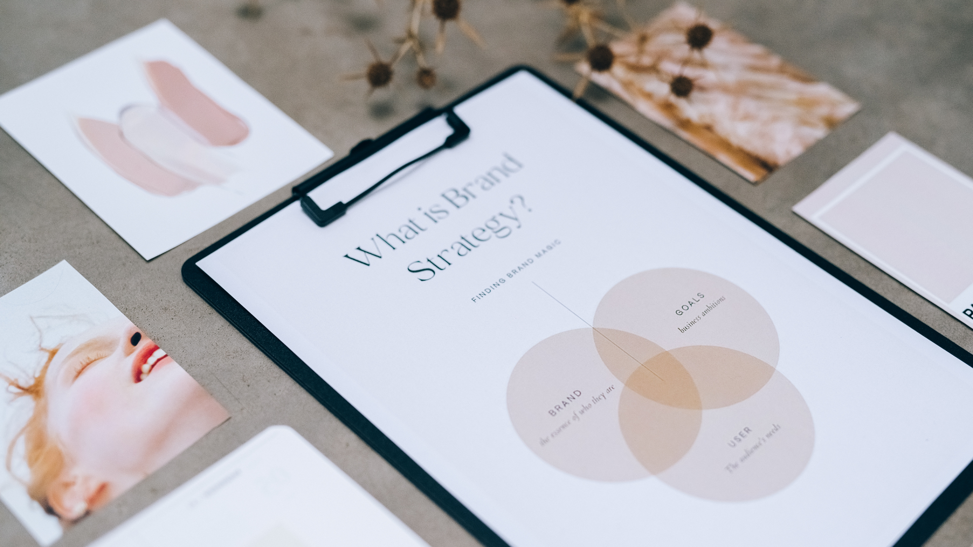 En presentasjonsplakat med tittelen "What is Brand Strategy?" omgitt av bilder og notater på et bord, inkludert en stor logo og diagrammer. 