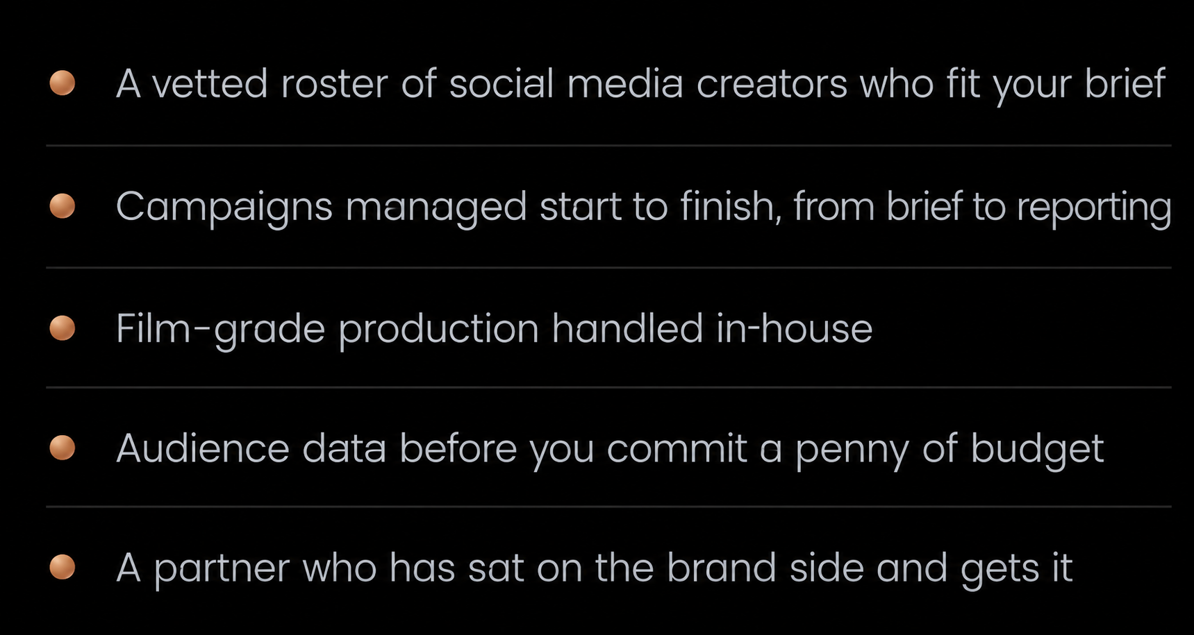 List of items with bullet points related to social media campaigns and production processes.