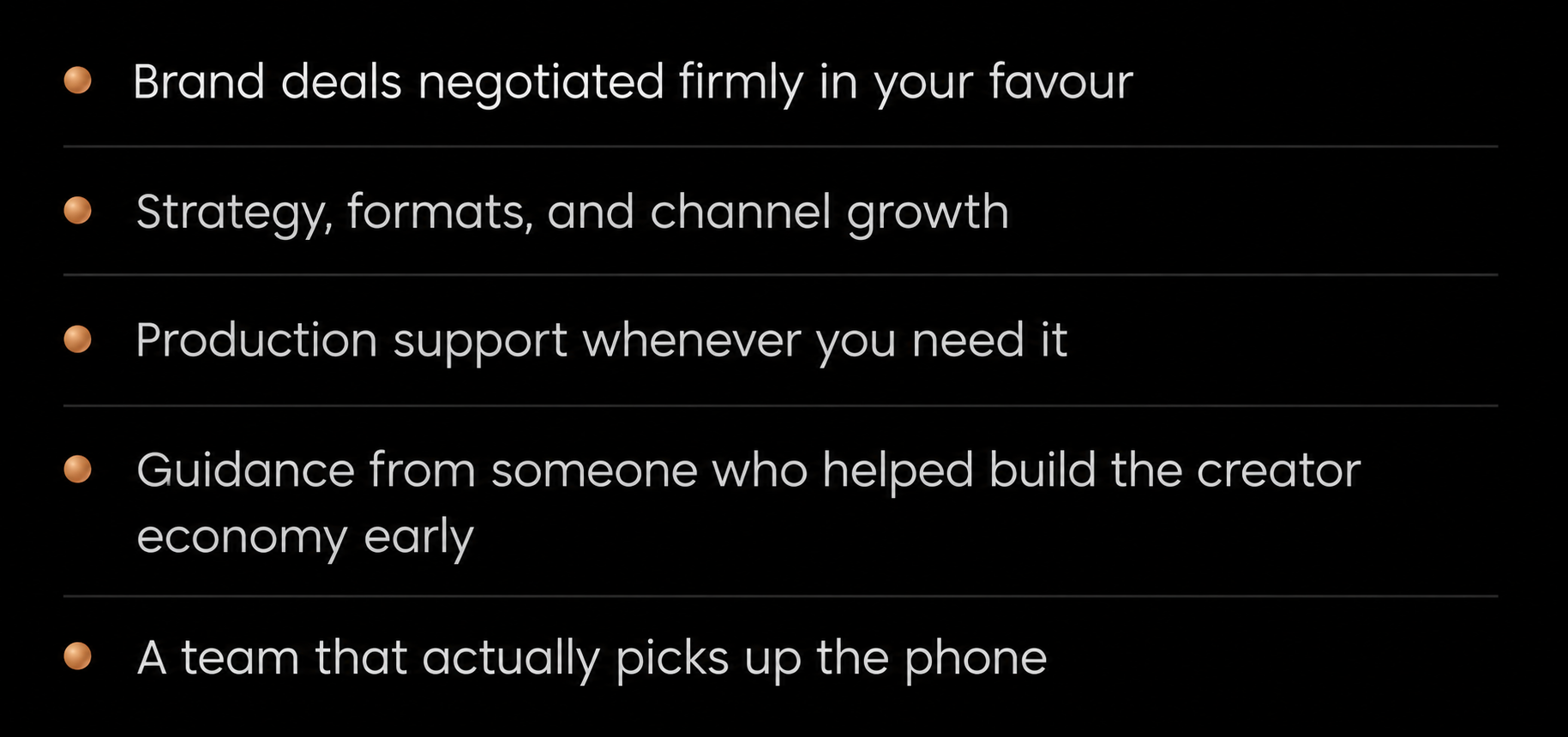 A presentation slide with five bullet points on a black background about brand strategy, production support, guidance, and team qualities.