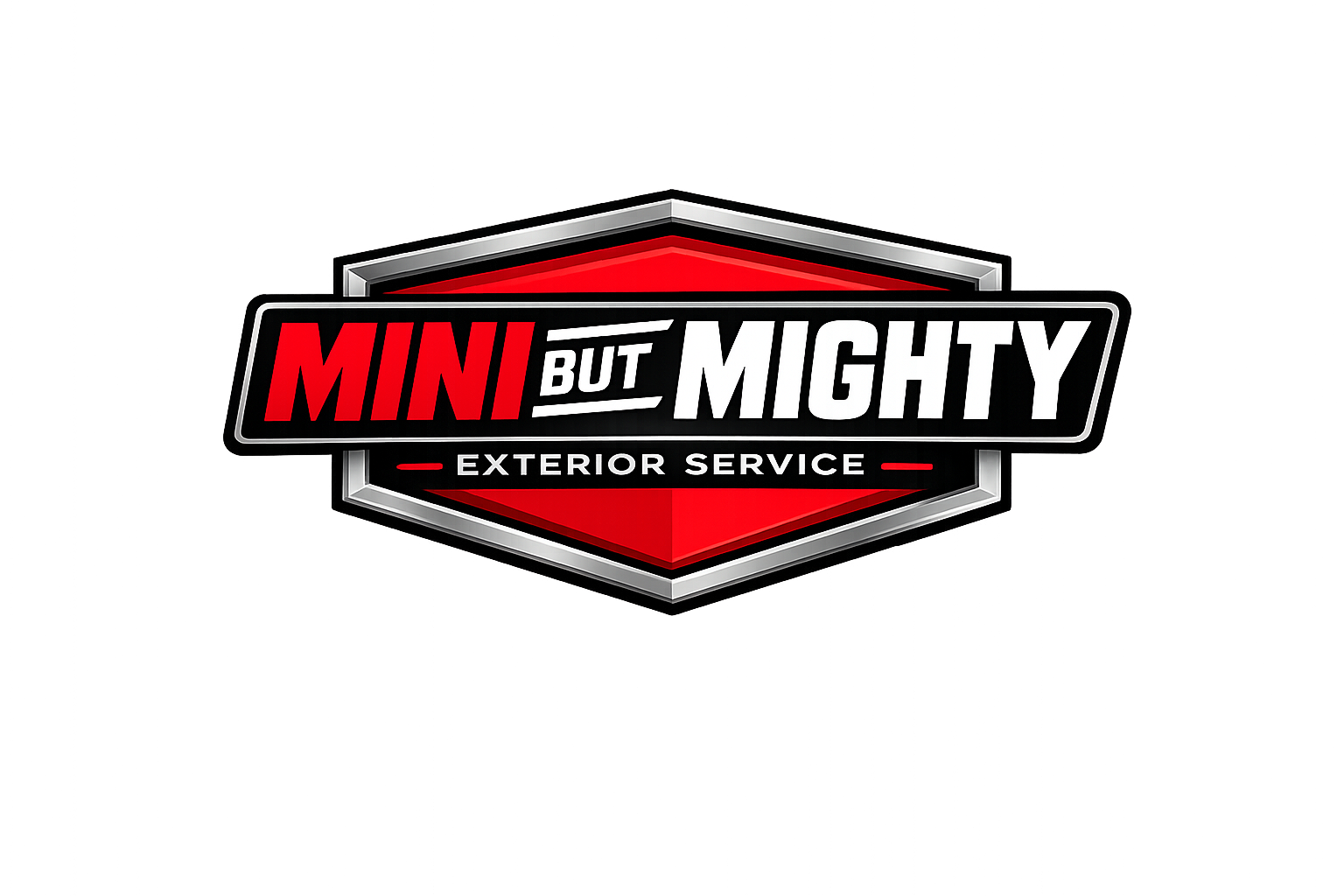 Logo for Mini but Mighty Exterior Service with bold red, black, and white colors.