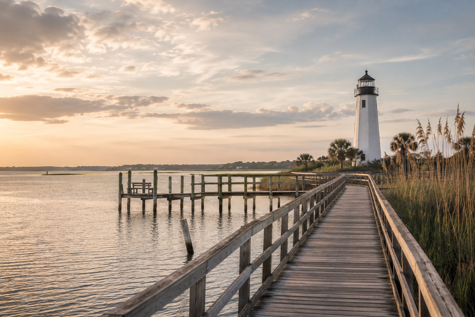 A wooden pier extends over calm water towards a white lighthouse with palm trees nearby during a sunset.