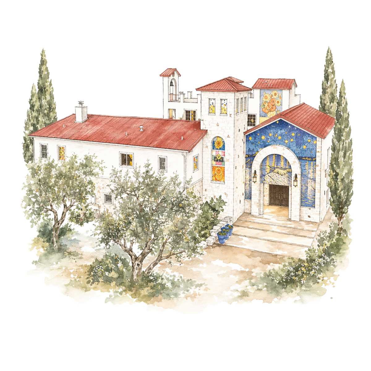 A watercolor painting of a building resembling a castle or art studio, featuring a tower with stained glass windows and a colorful mural with sunflowers and a starry night sky. The building has a red tile roof, surrounded by trees and a stone pathway.