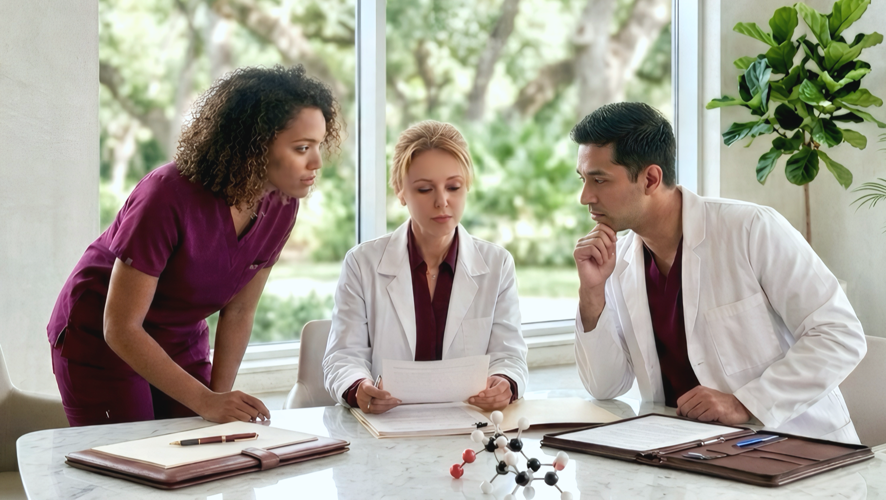 Equipo de CLEAN Health Code —médicos PhD y nutricionista PhD, especialistas en nutrigenómica y medicina de precisión— revisando análisis de sangre y fichas clínicas de pacientes con cuadros patológicos complejos, planes de adelgazamiento