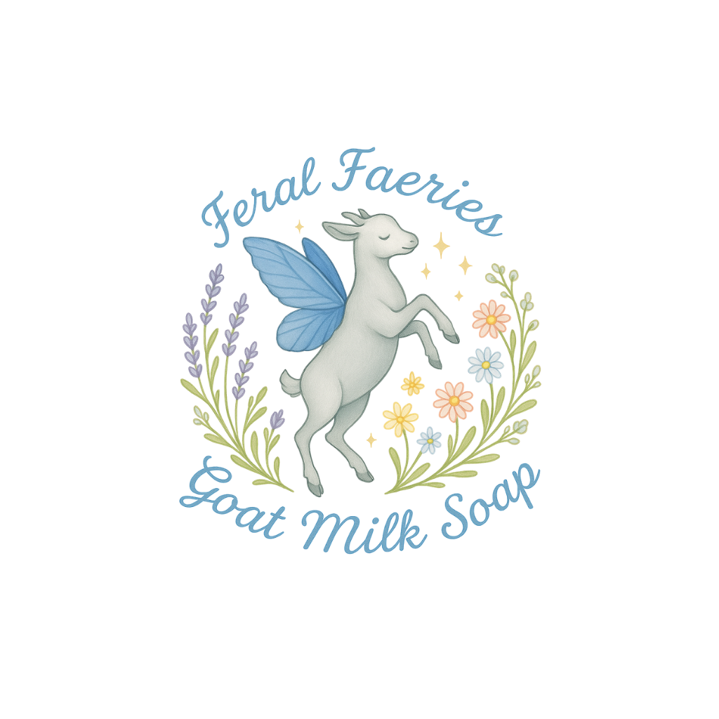 A logo featuring a winged unicorn surrounded by flowers and laurel branches with text 'General Faer' and 'Sweet Milk Soap'.