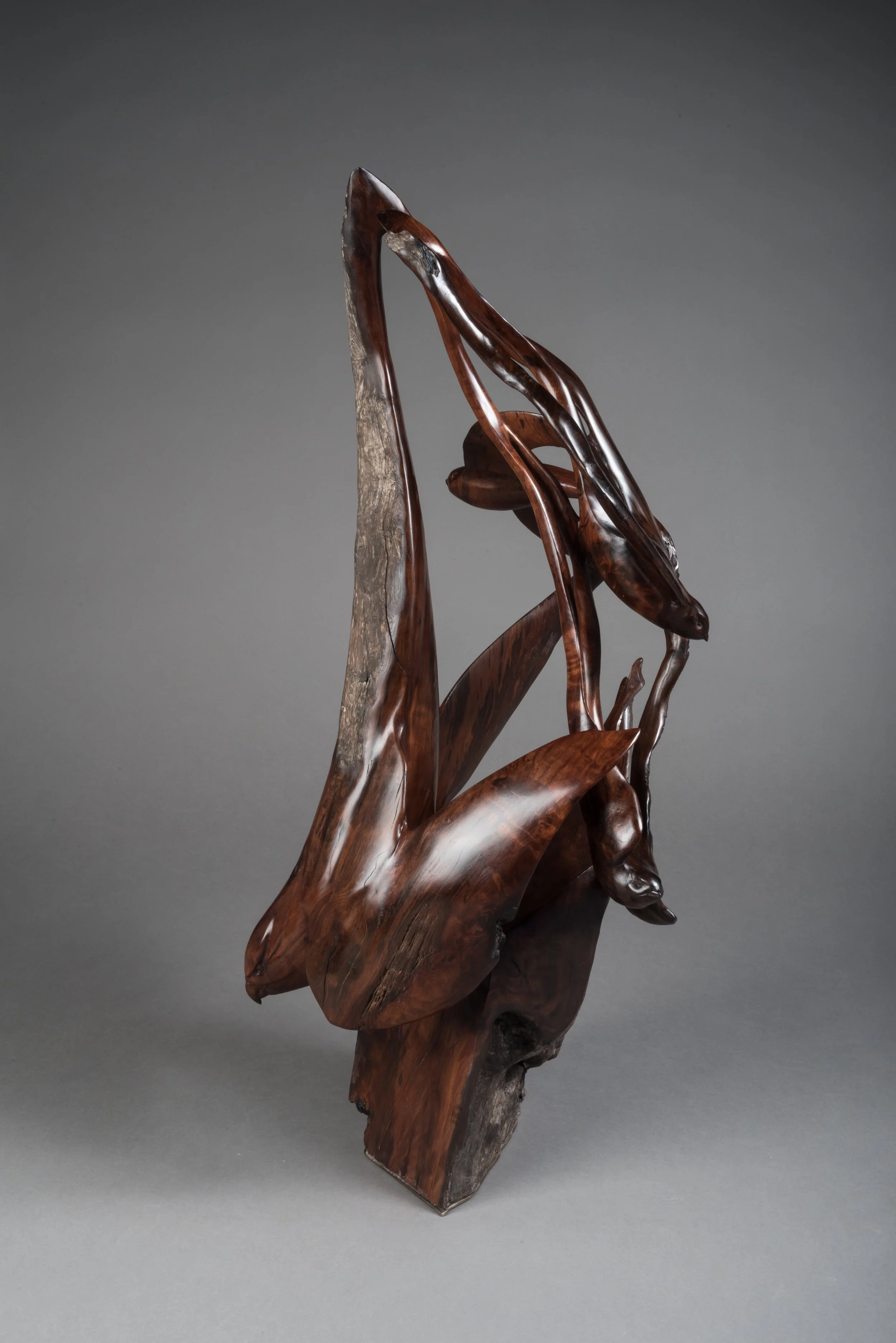 A wooden sculpture of three abstract animals, possibly dogs or foxes, with elongated bodies and heads, carved from dark polished wood, set against a gray background.