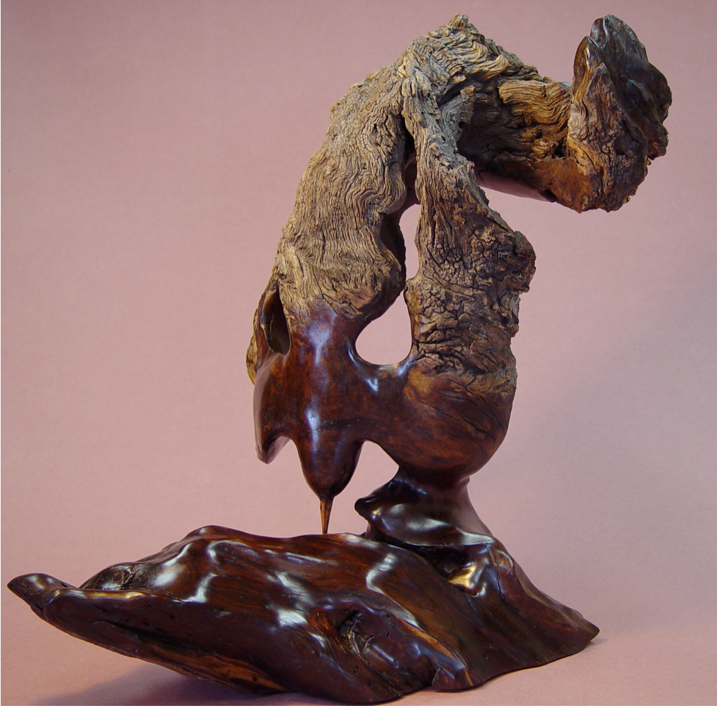 Abstract wooden sculpture with rich, dark polished wood parts and rough textured natural wood elements, set against a pink background.