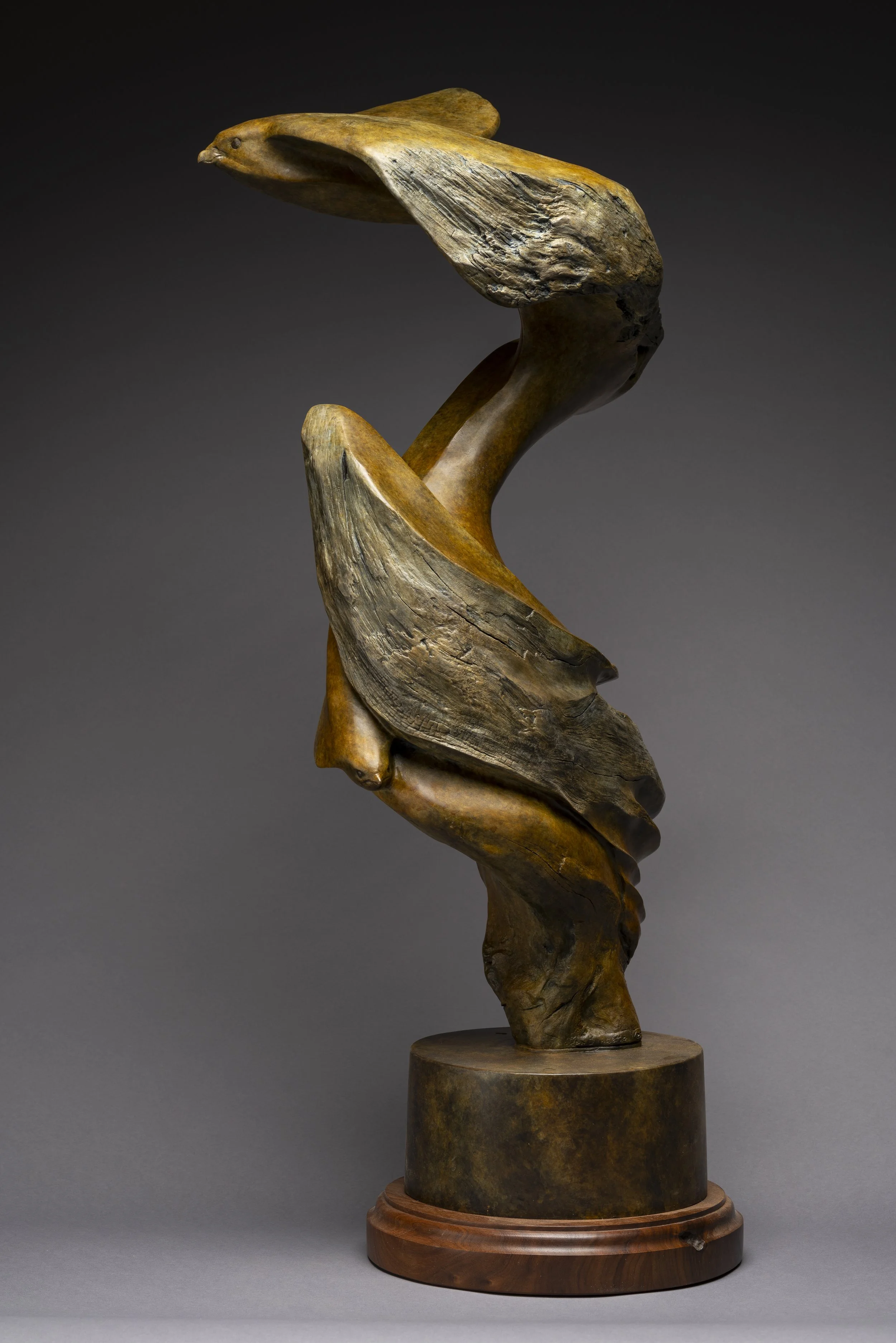 A wooden sculpture of a bird perched on a base, with a curved, flowing design and natural wood textures.