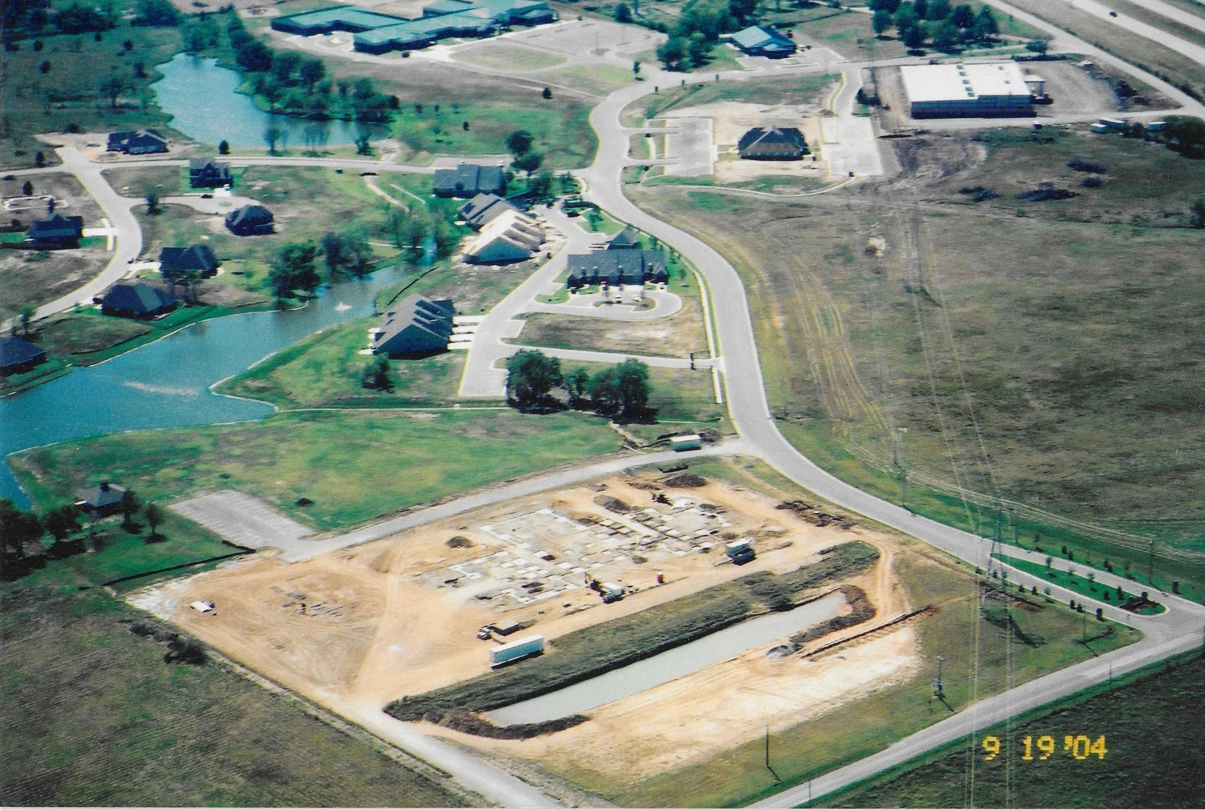 Aerial view of church building construction in the past in Owasso Oklahoma