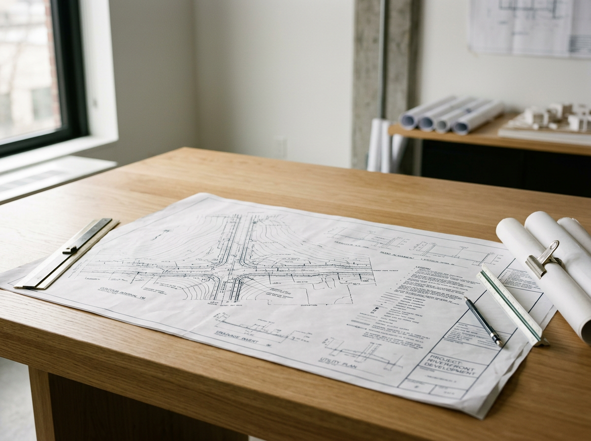 Architectural blueprints with a scale, pens, and rolled-up plans on a wooden desk in an office with a window.