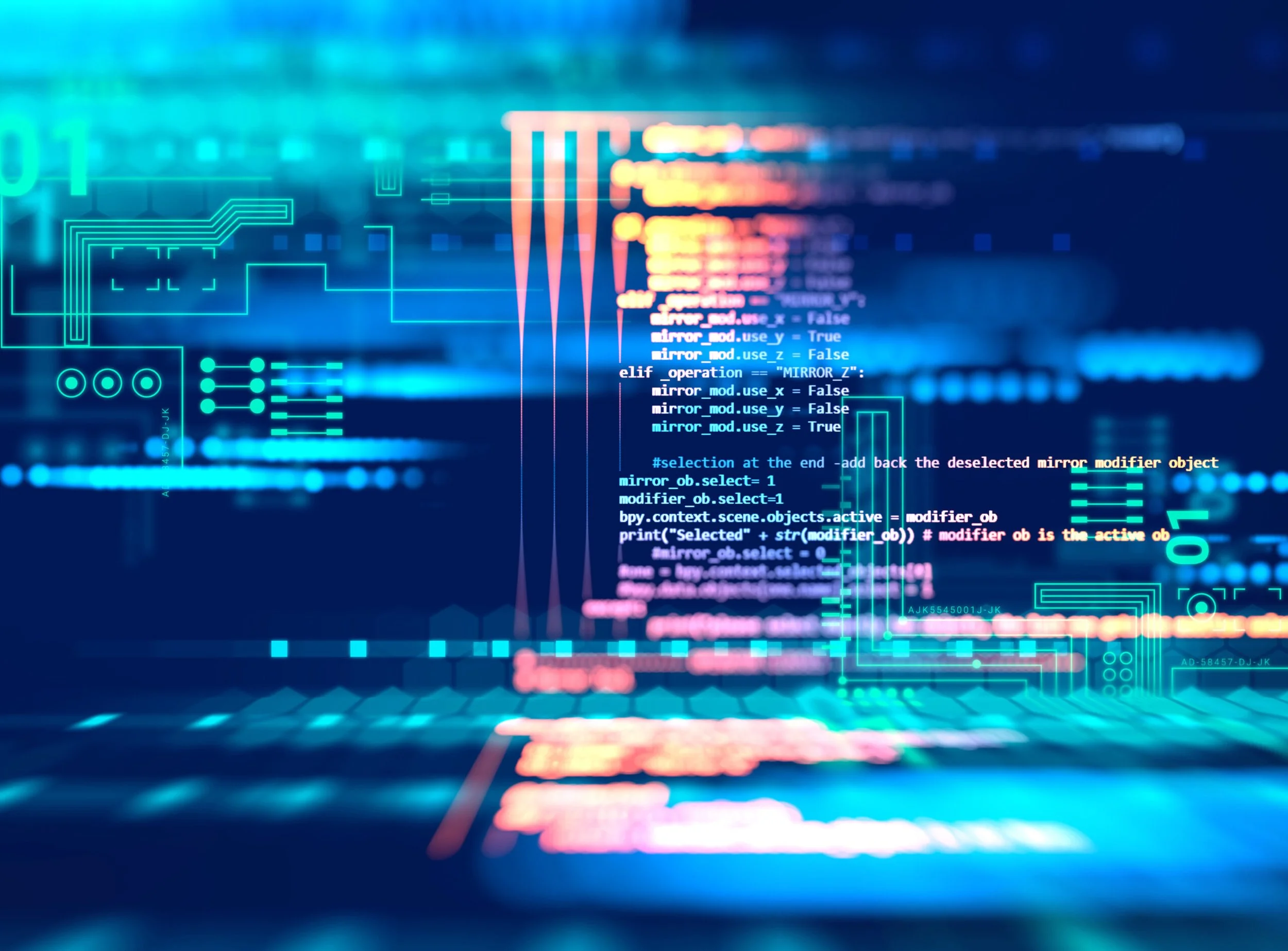 Digital graphic of computer code, circuit diagrams, and data visualizations with a futuristic tech aesthetic.