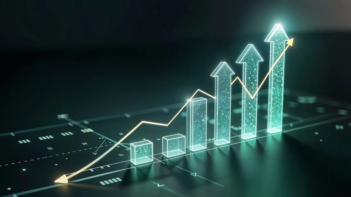 Digital illustration of a rising bar chart with glowing transparent bars and arrows indicating upward growth, over a dark background.