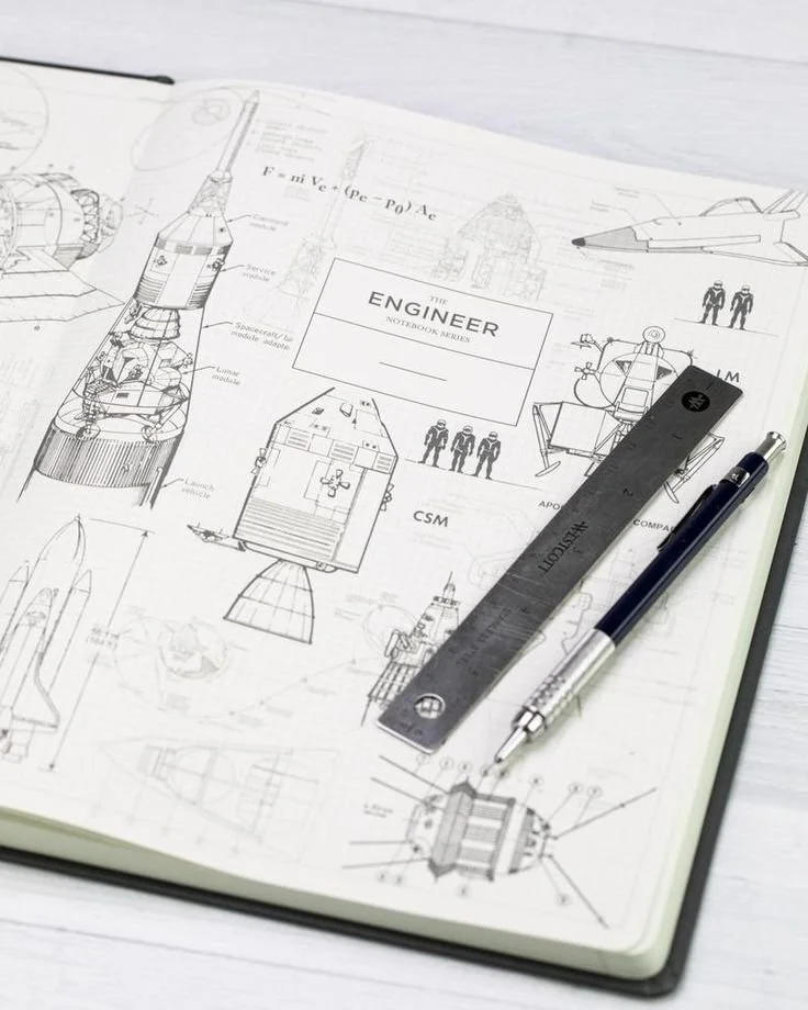 Blueprint sketches of space rockets and a helicopter on an engineer notebook with a ruler and pen.