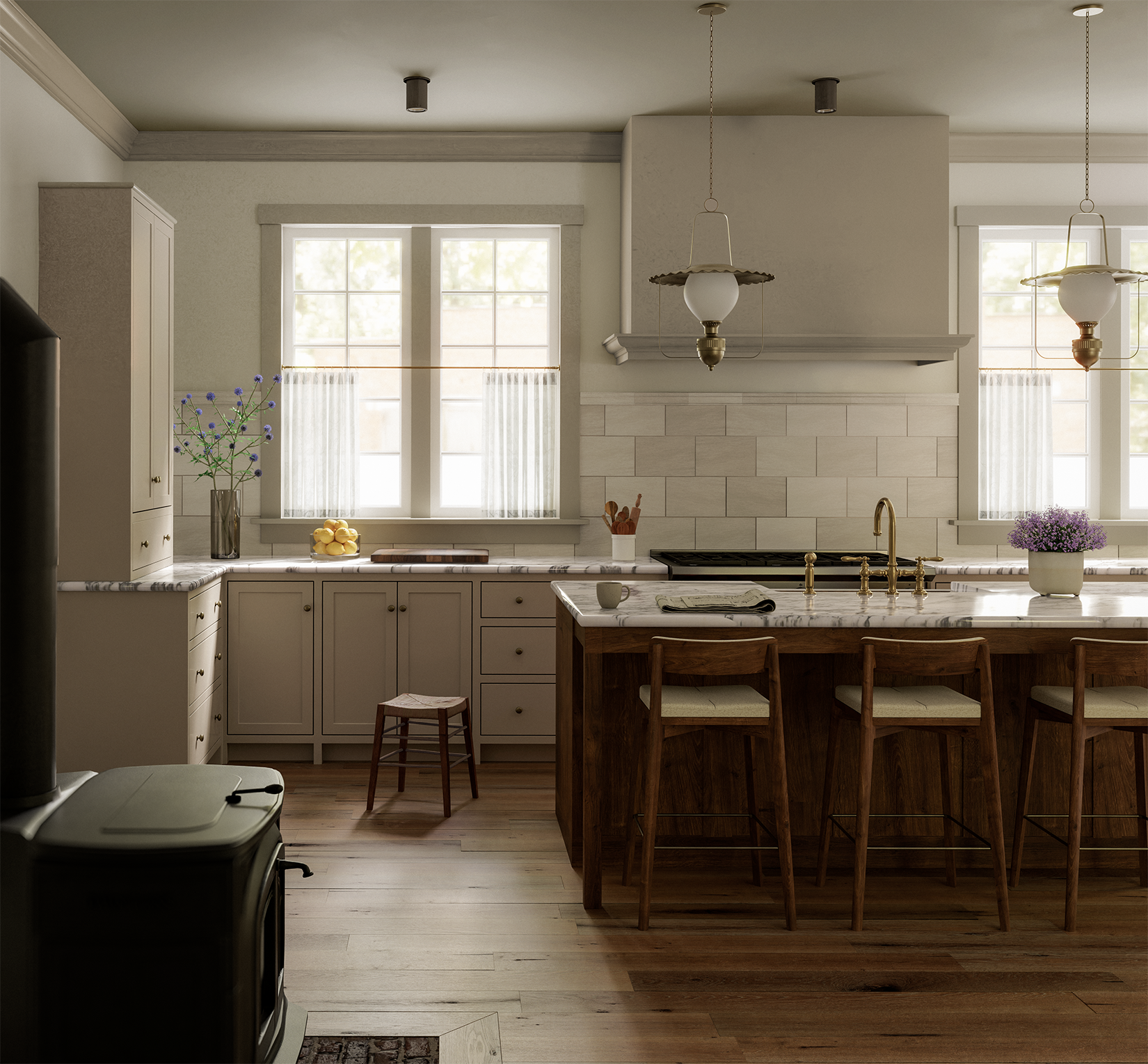 A kitchen with white cabinetry, a marble island with a gold faucet, two large windows with curtains, pendant lights, and various decorative items including flowers, a lemon bowl, and a coffee cup.