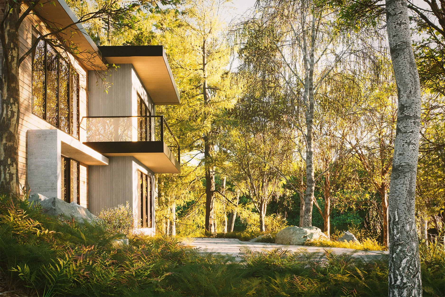Modern house with large glass windows and balconies, surrounded by tall trees with yellow and green leaves in a forest setting.