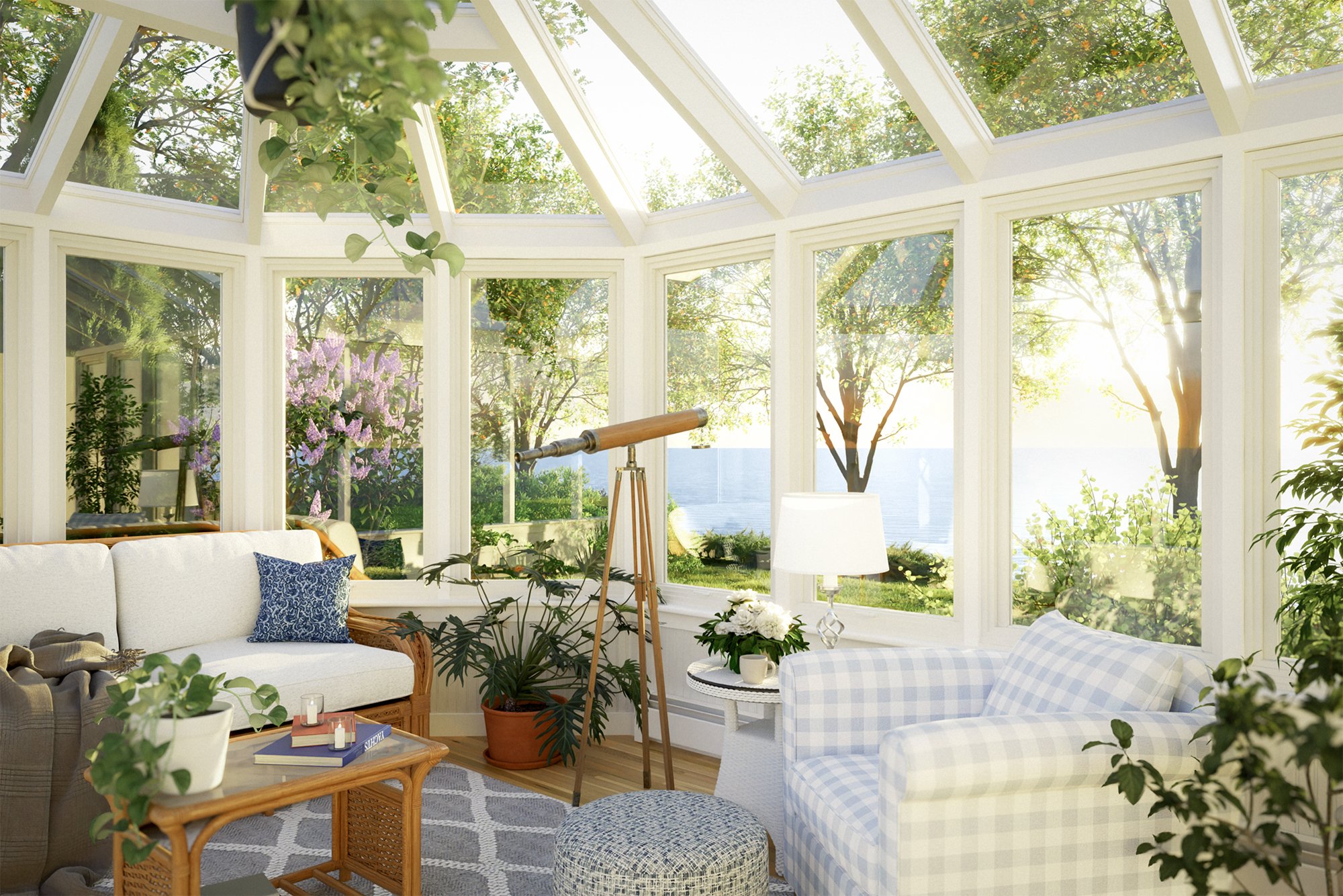 Sunlit indoor conservatory with white window frames, greenery, and outdoor view of trees and water.