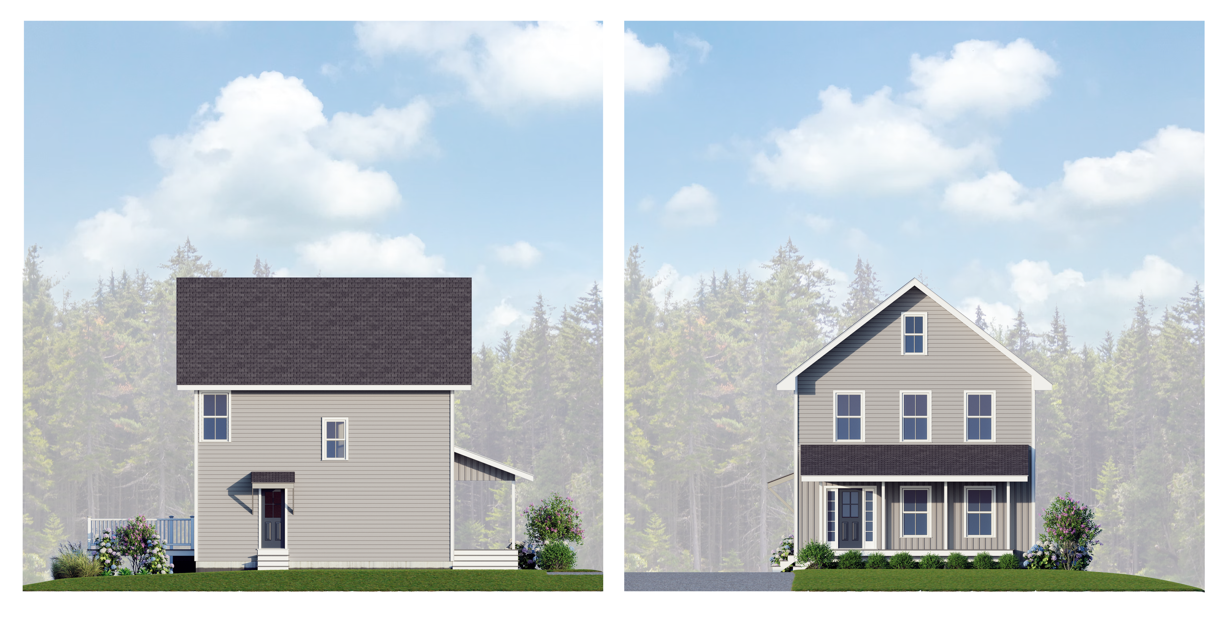 Comparison of two houses with different front designs. The house on the left has a flat window and a smaller porch roof, while the house on the right has a triangular gable with a larger porch area.