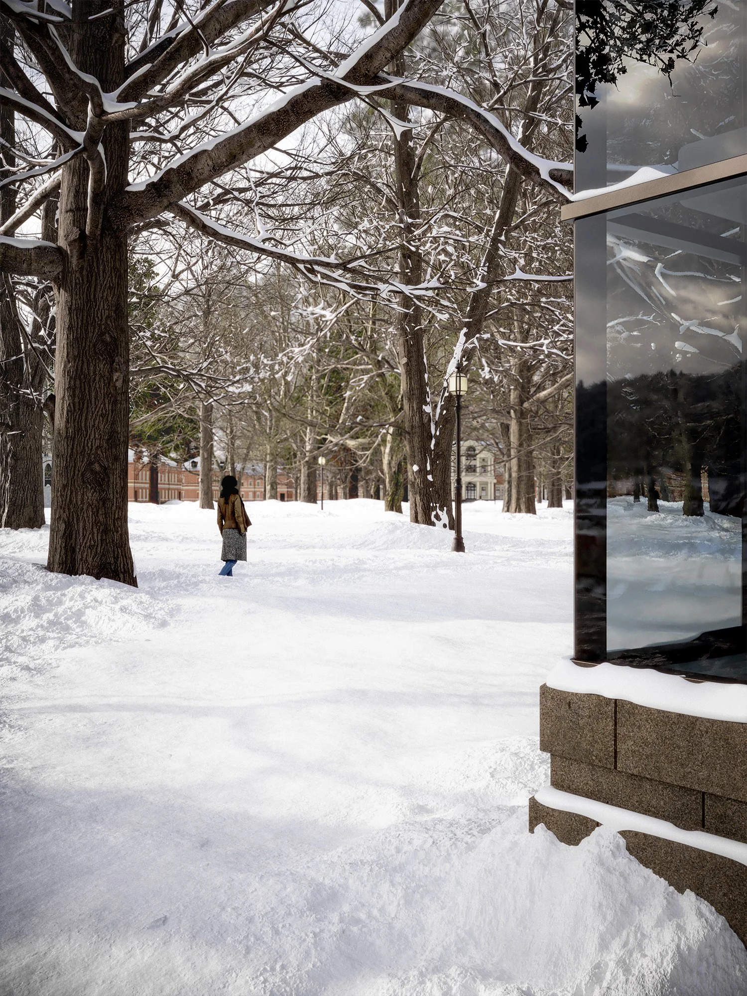 3D rendering of a snowy park scene with tall trees covered in snow, a person walking, and a building in the background. Part of a modern black and glass structure is visible on the right.