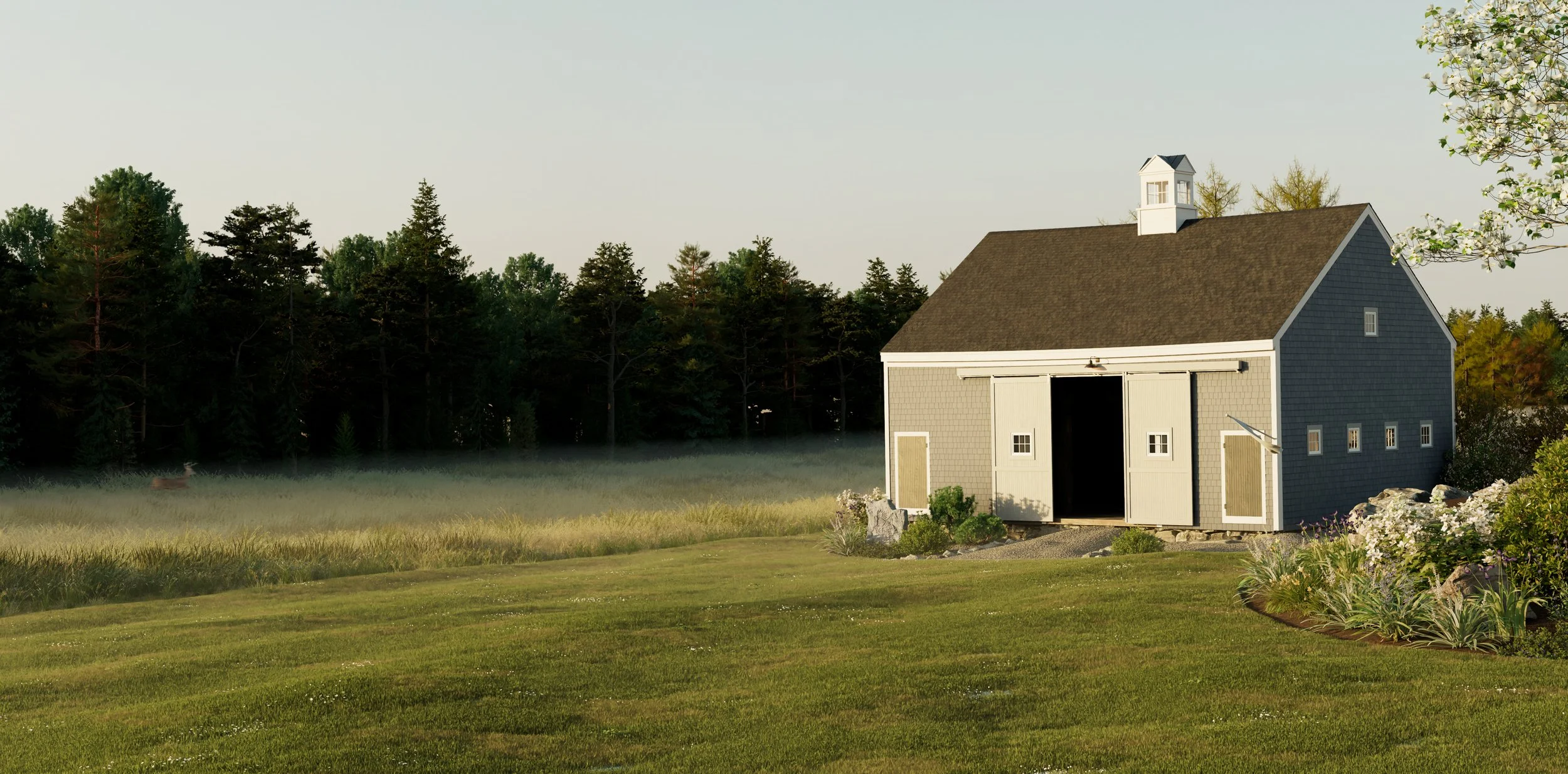 3D rendering of a gray barn with white trim and a cupola on top sits in a lush green field, with a dense forest of trees in the background and flowering bushes in the foreground.