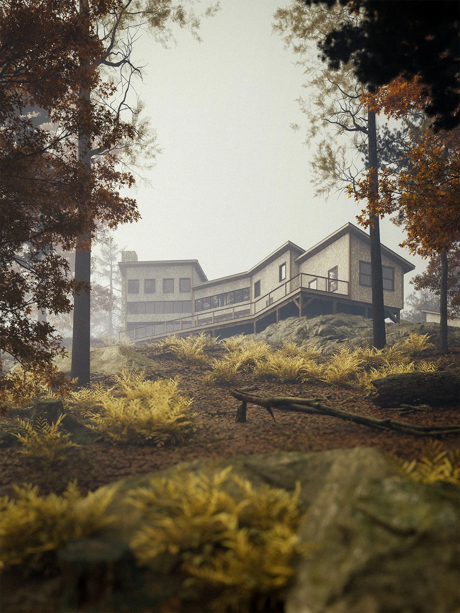 3D rendering of a house on a hill surrounded by trees with orange and brown leaves, a foggy sky, and rocks and grass in the foreground.