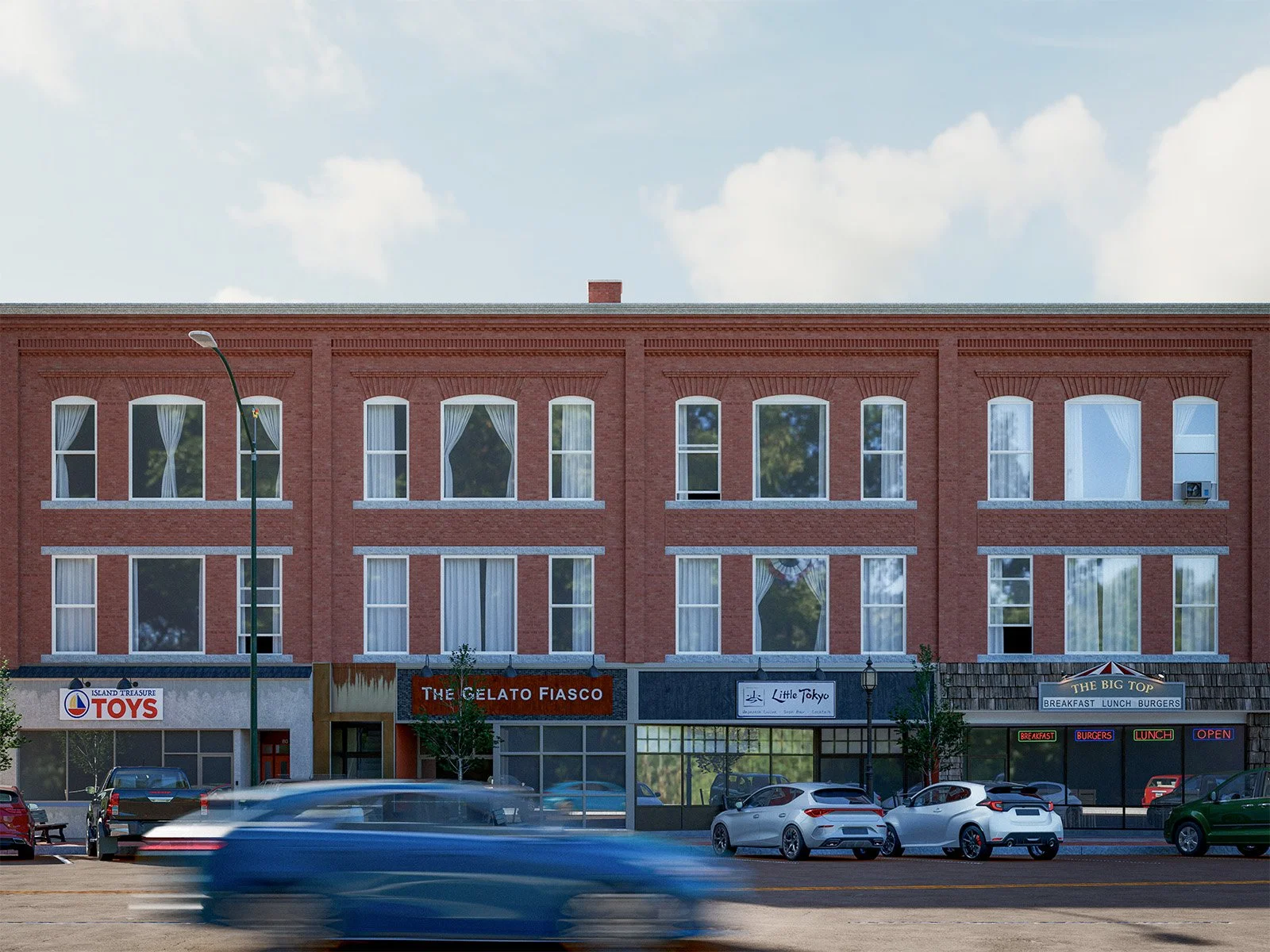 3D Rendering of a multi-story brick building with various storefronts at street level, including a toy store, a dessert shop named The Gelato Fiasco, and a restaurant called The Big Top. Several cars are parked in front, and a blurred blue car moves 